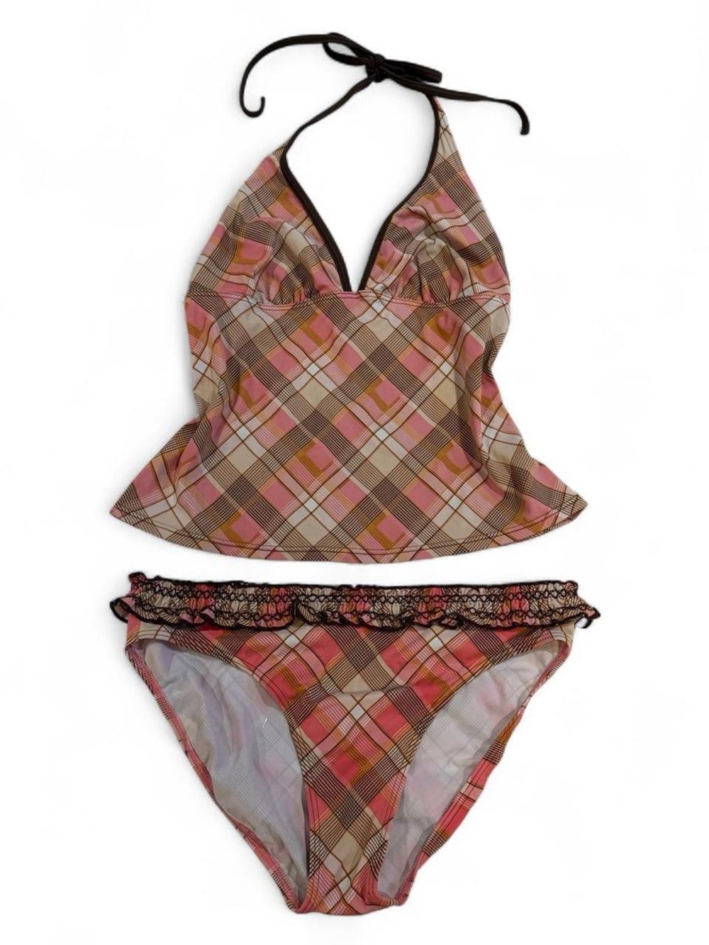 Y2K Plaid Pink and Brown Bikini Set